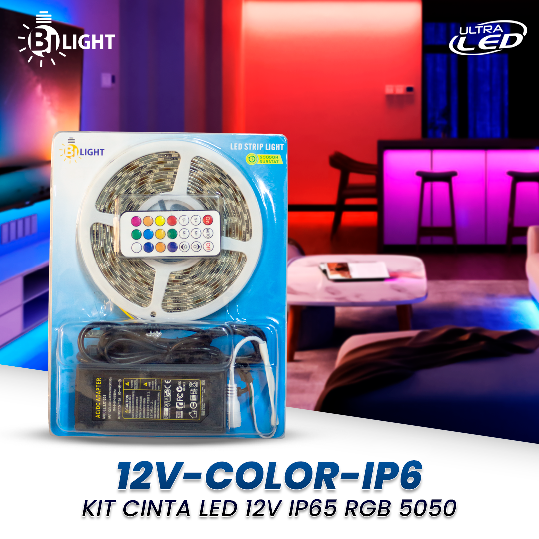 KIT CINTA LED 12V IP65 RGB 5050 MULTICOLOR 10MM 5MTS