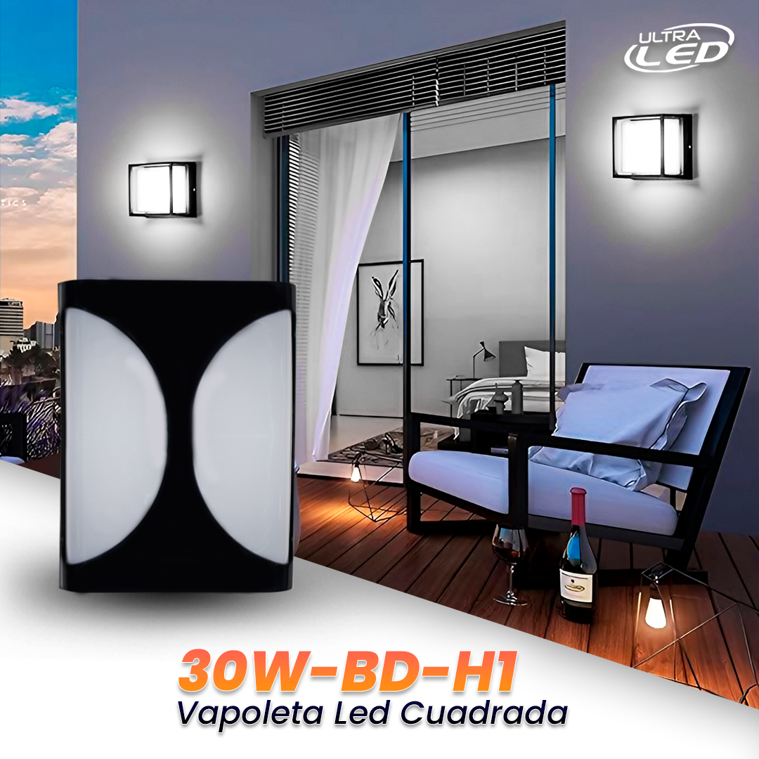 VAPOLETA LED 30W CUADRADA NEGRA LUZ BLANCA (6500K)