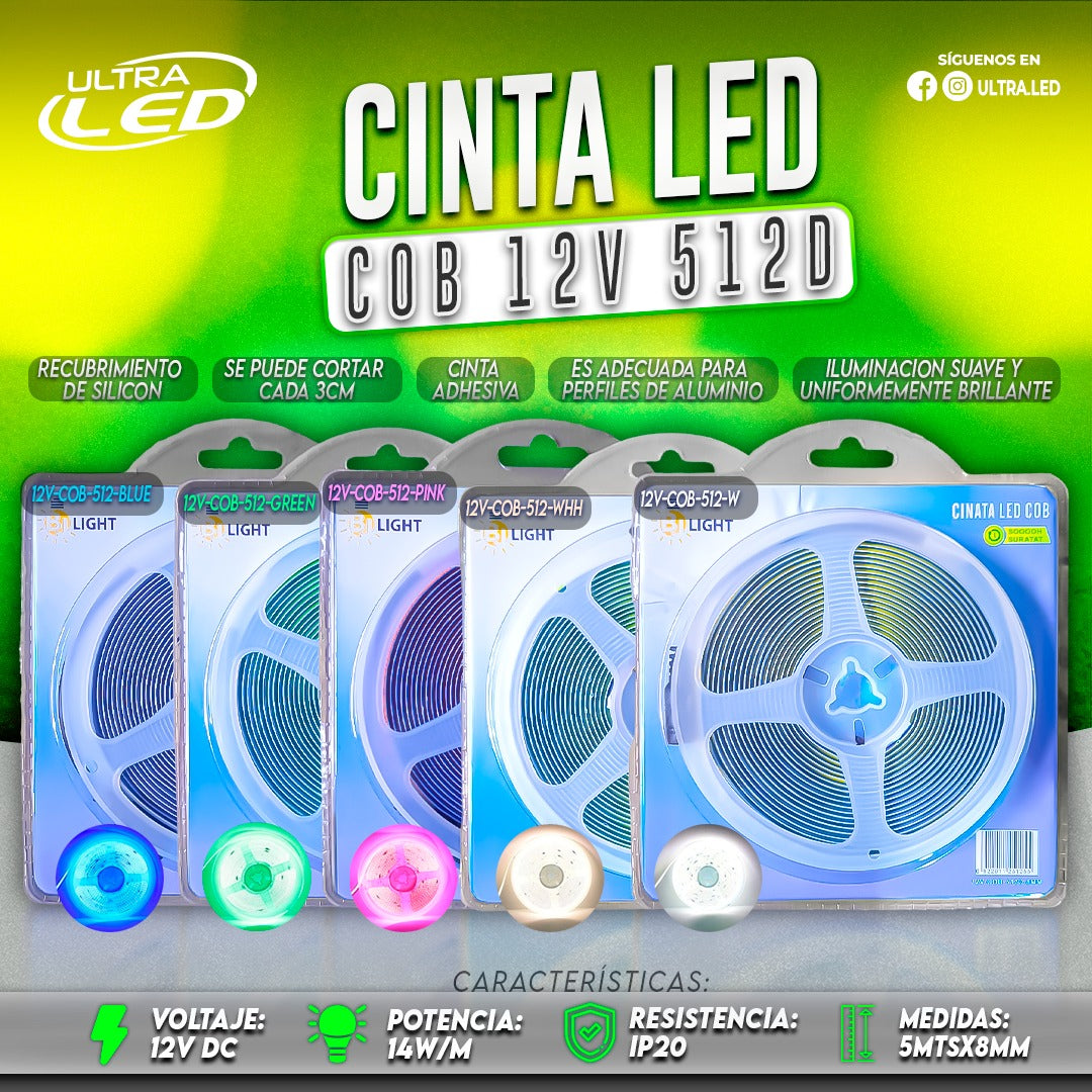 CINTA LED COB 12V VERDE 512D 8MM 5MTS