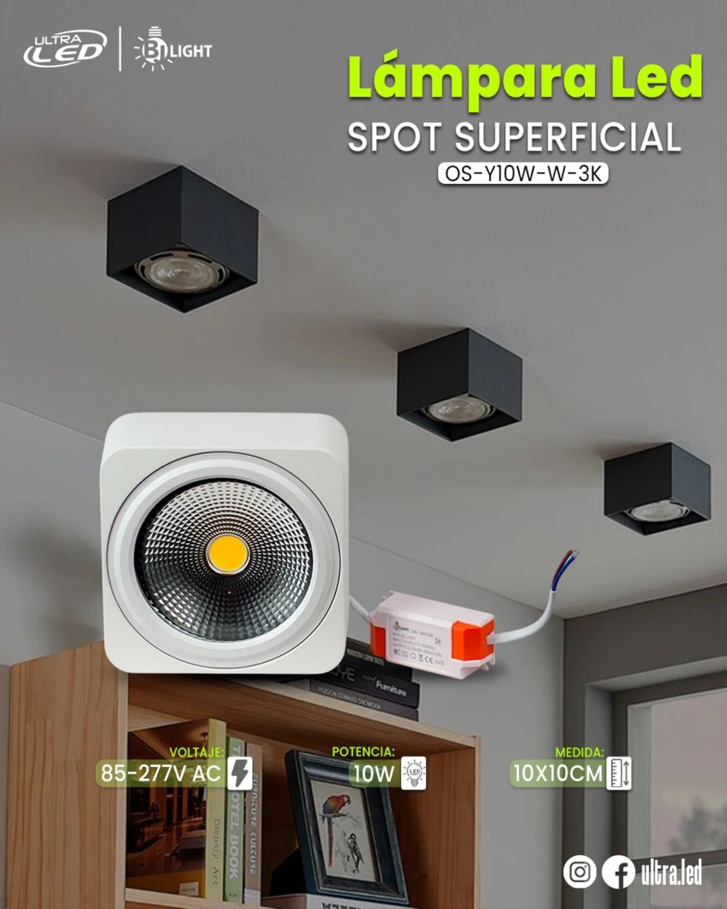 LAMPARA SPOT COB SUPERFICIAL 10W LUZ CALIDA