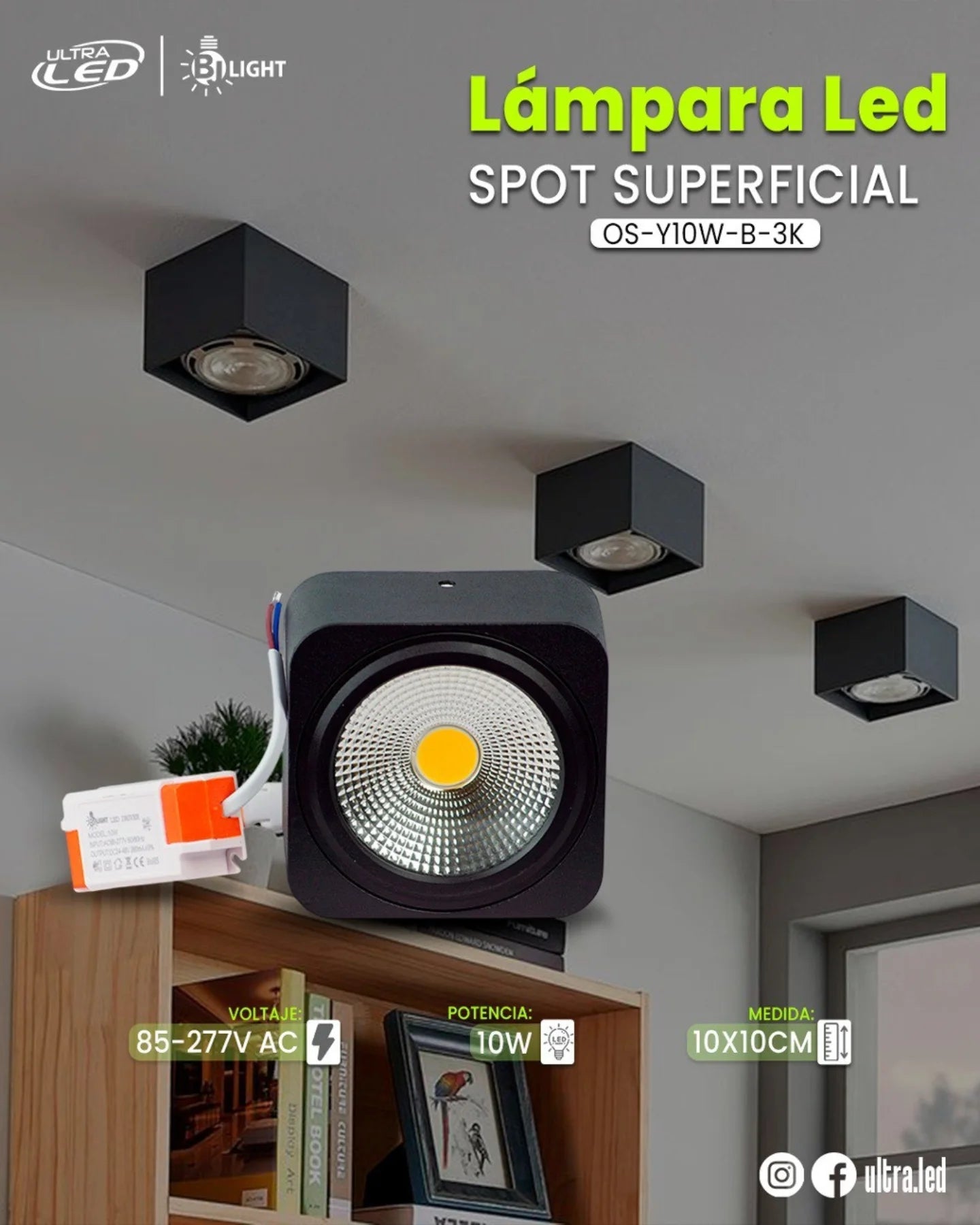 LAMPARA LED SPOT COB SUPERFICIAL 10W LUZ CALIDA