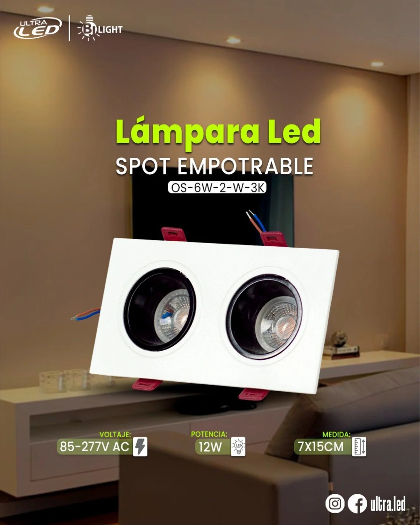 LAMPARA LED SPOT COB EMPOTRABLE 12W LUZ CALIDA