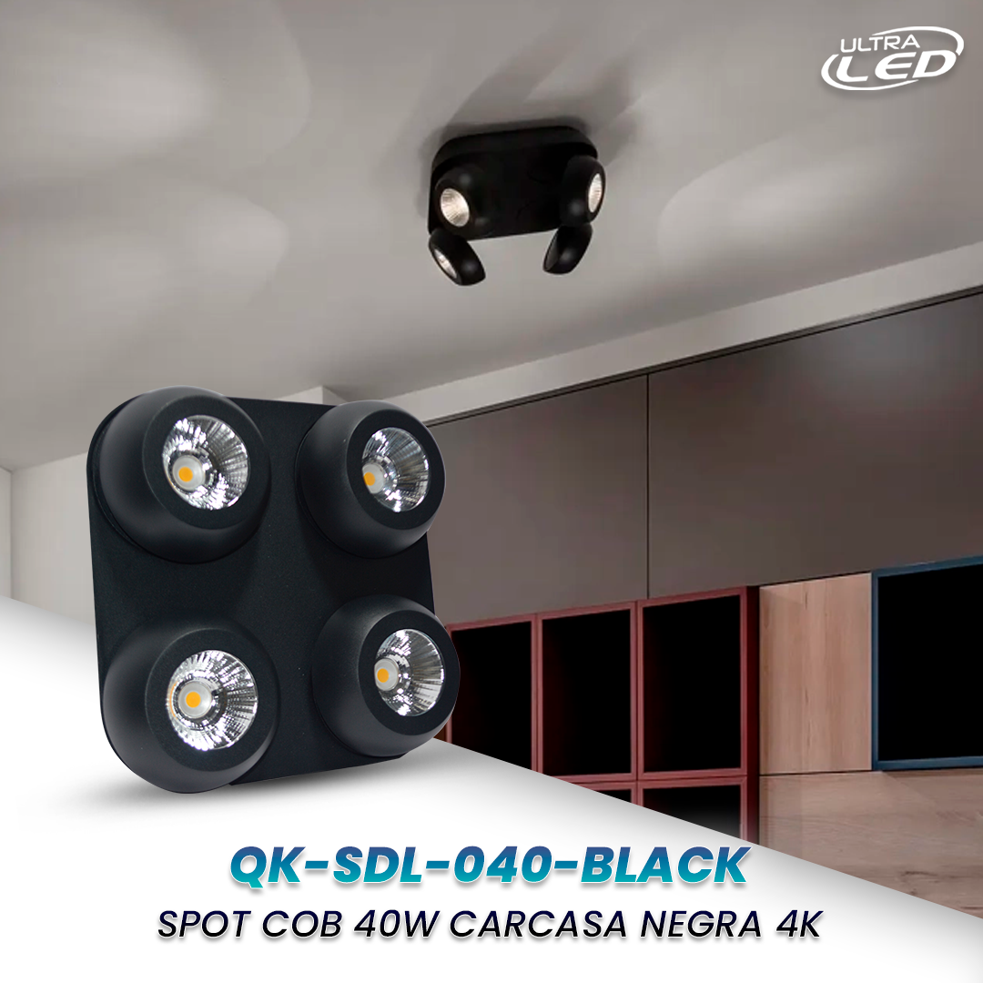 LAMPARA COB SPOT 4F 40W LUZ NEUTRA (4000K) CARCASA NEGRA MODELO QK-SDL-040-BLACK