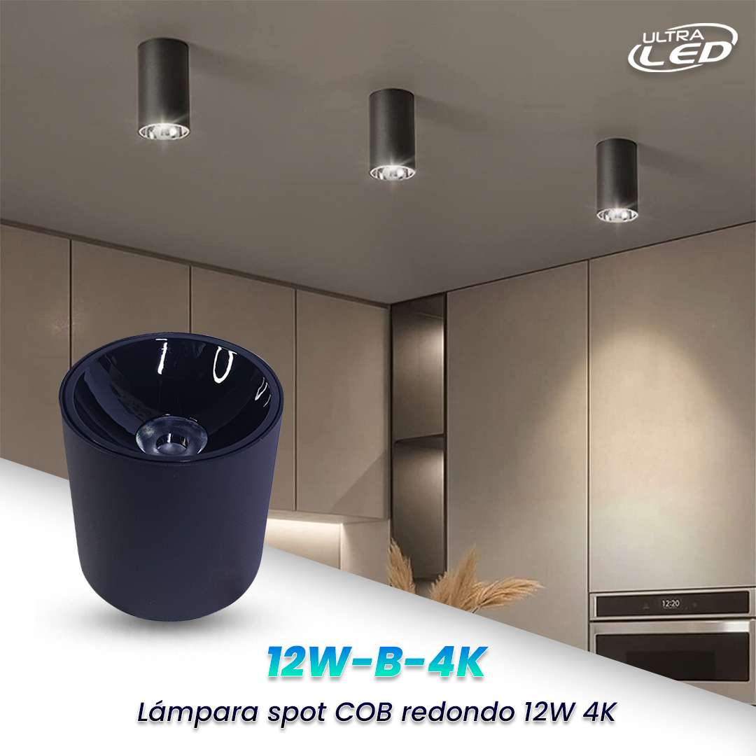 SPOT COB REDONDO 12W LUZ NEUTRA (4000K) CARCASA NEGRA MODELO 12W-B-4K