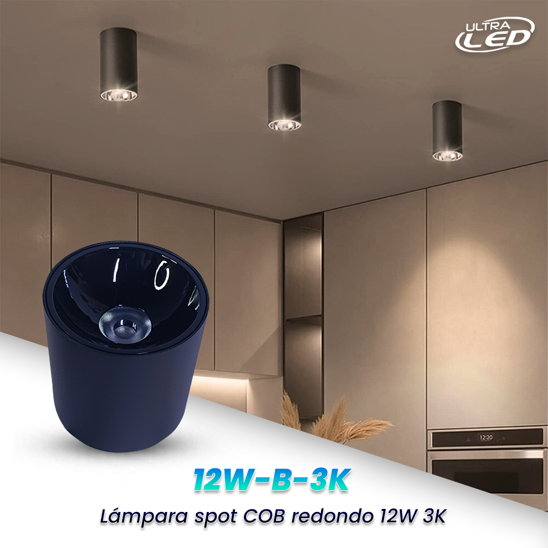 SPOT COB REDONDO 12W LUZ CALIDA (3000K) CARCASA NEGRA MODELO 12W-B-3K