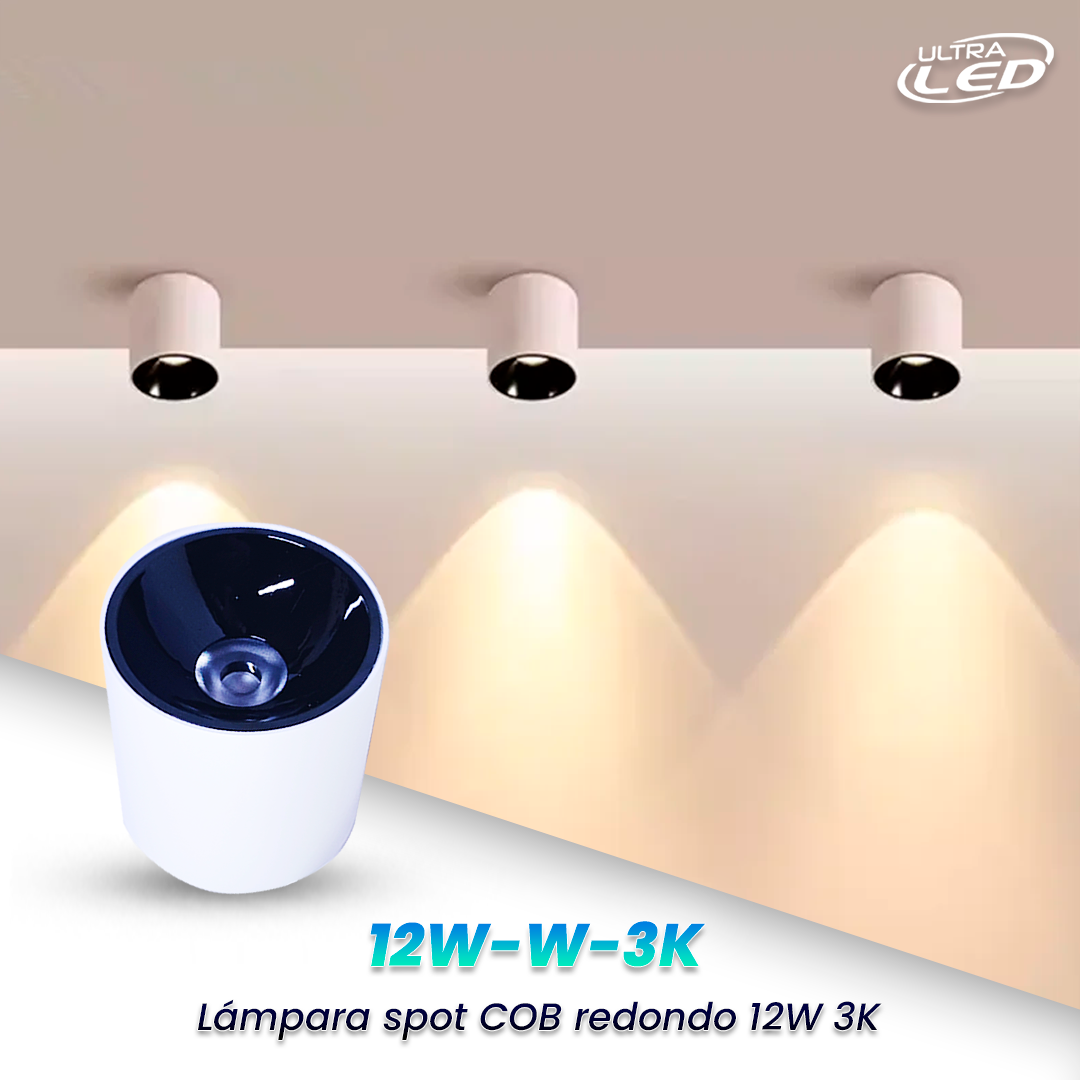 SPOT COB REDONDO 12W LUZ CALIDA (3000K) CARCASA BLANCA MODELO 12W-W-3K