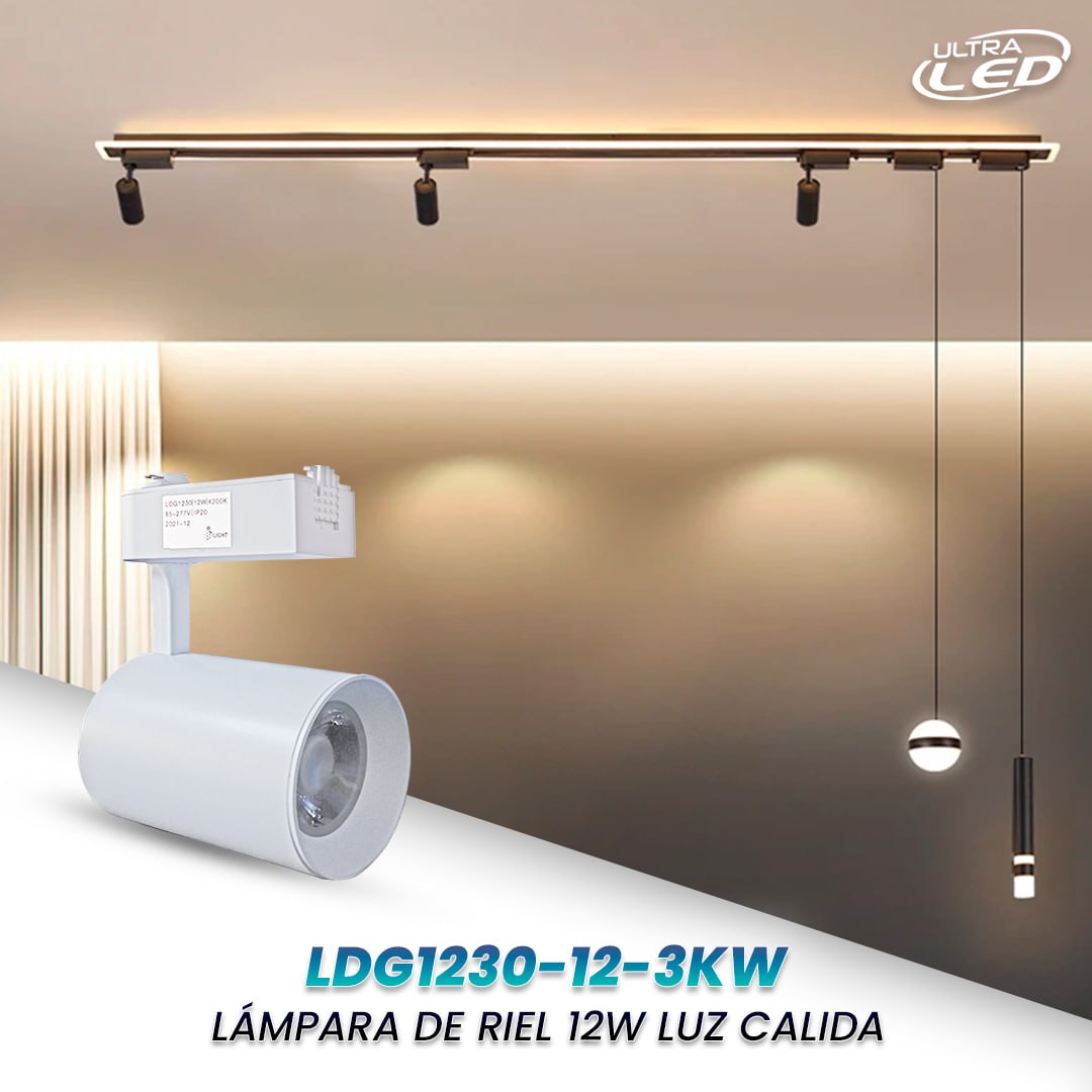 LAMPARA DE RIEL 12W LUZ CALIDA  (3000K) CARCASA BLANCA MODELO LDG1230-12-3KW