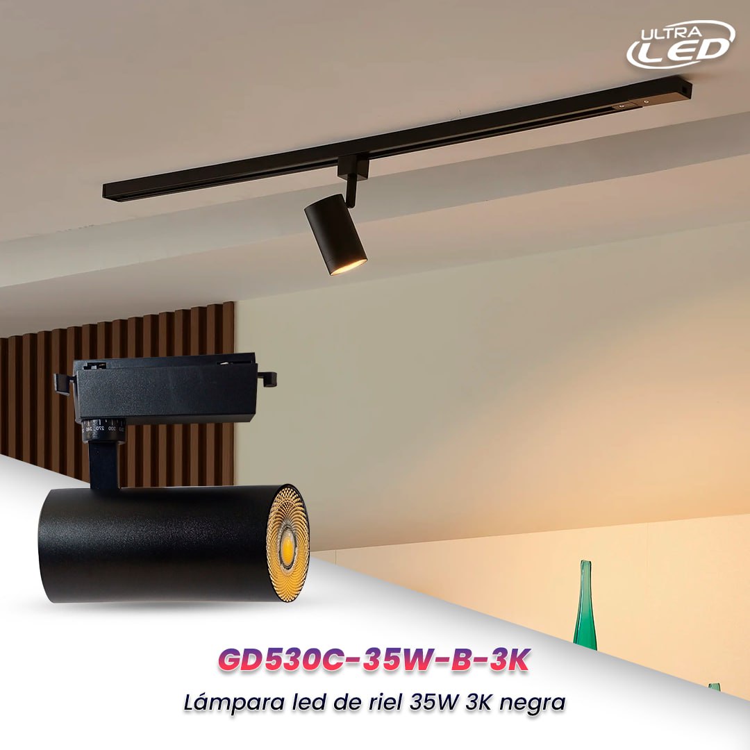 LAMPARA LED DE RIEL 35W LUZ CALIDA (3000K) CARCASA NEGRA MODELO GD530C-35W-B-3K