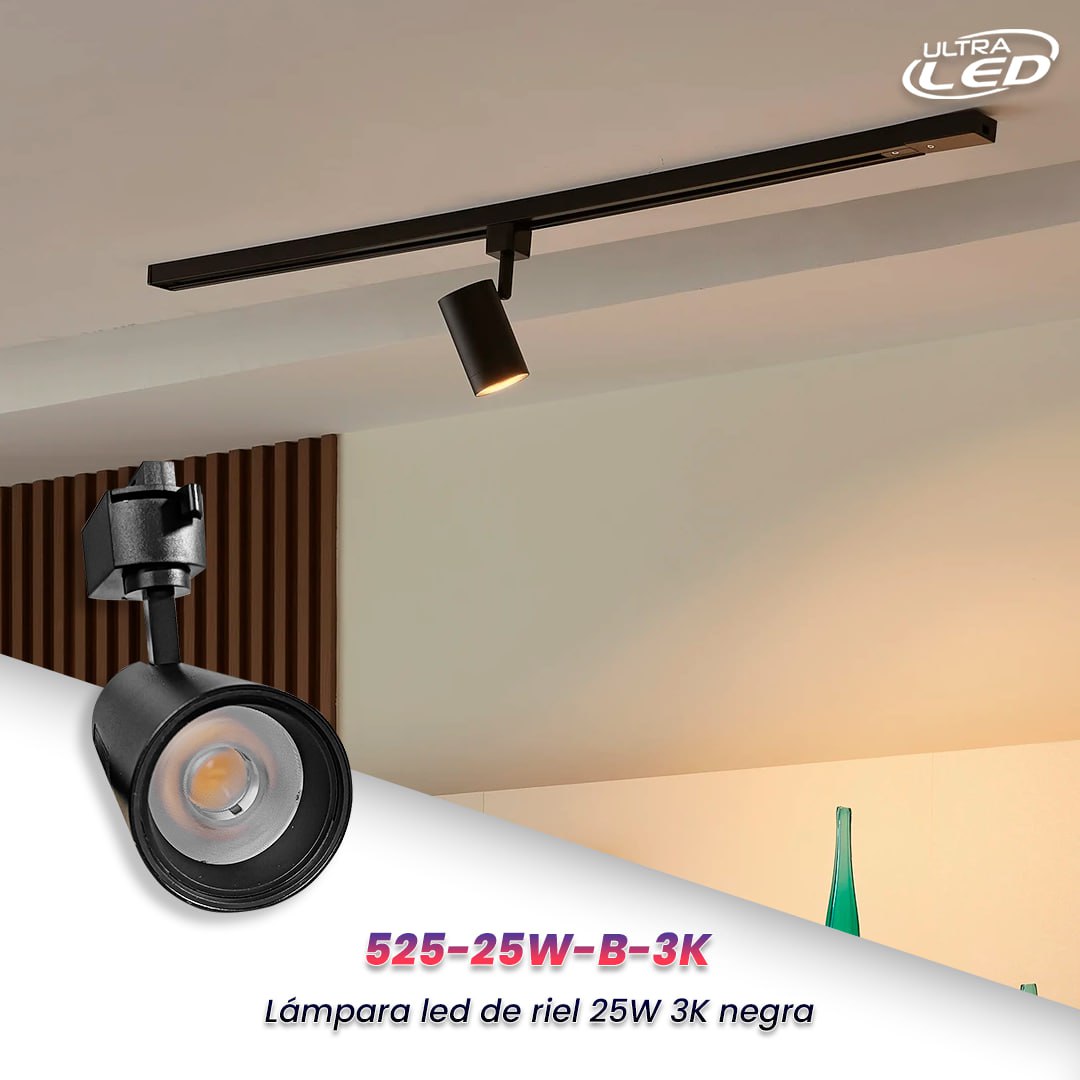 LAMPARA DE RIEL 25W LUZ CALIDA (3000K) CARCASA NEGRA MODELO 525-25W-B-3K