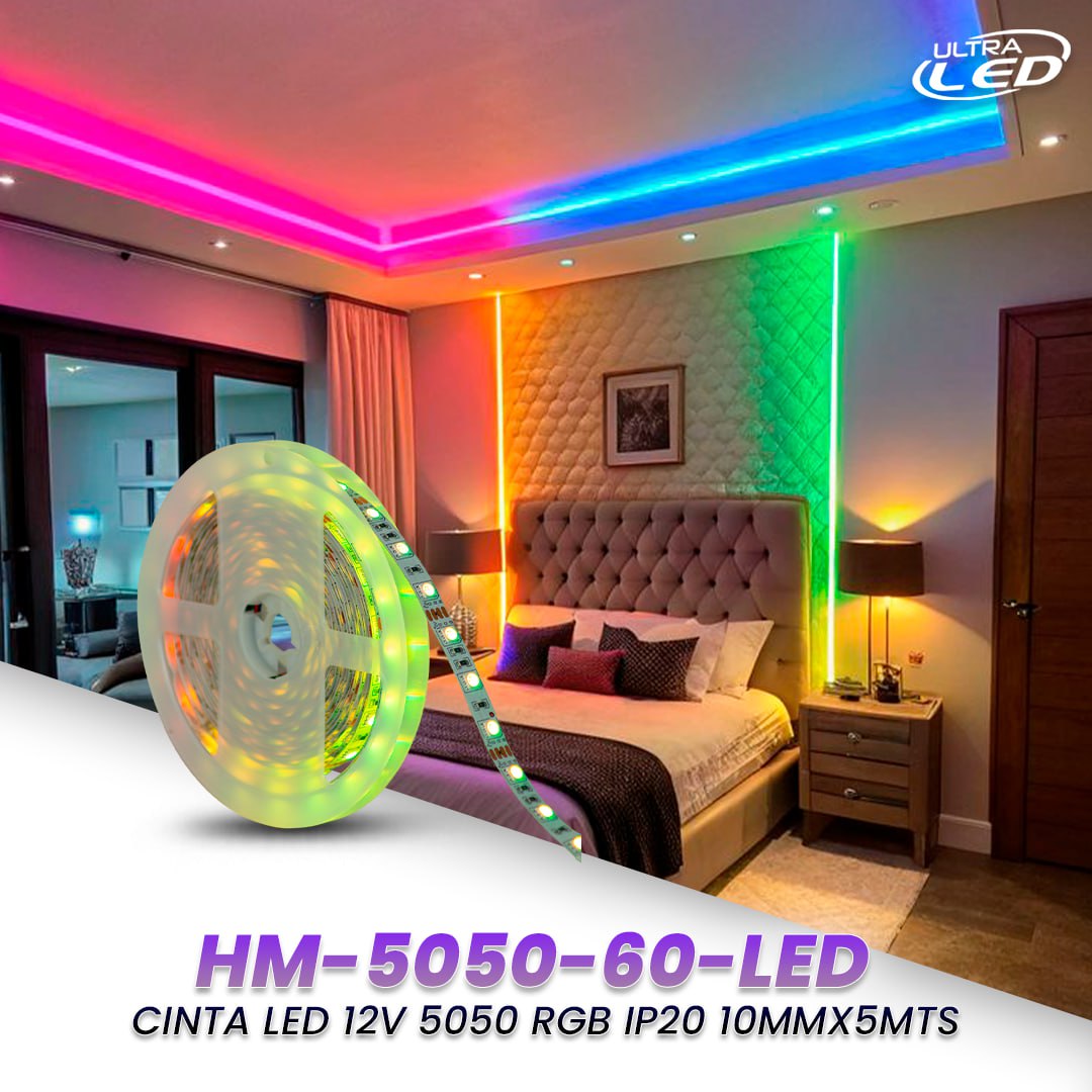 CINTA LED 12V 5050 RGB IP20 5 METROS MULTICOLOR (RGB) MODELO HM-5050-60-LED