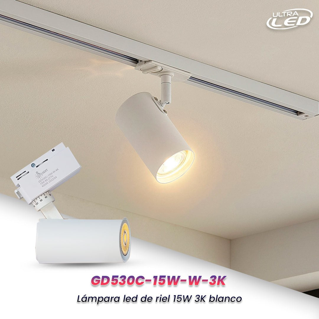 LAMPARA LED DE RIEL 15W LUZ CALIDA (3000K) CARCASA BLANCA MODELO GD530C-15W-W-3K