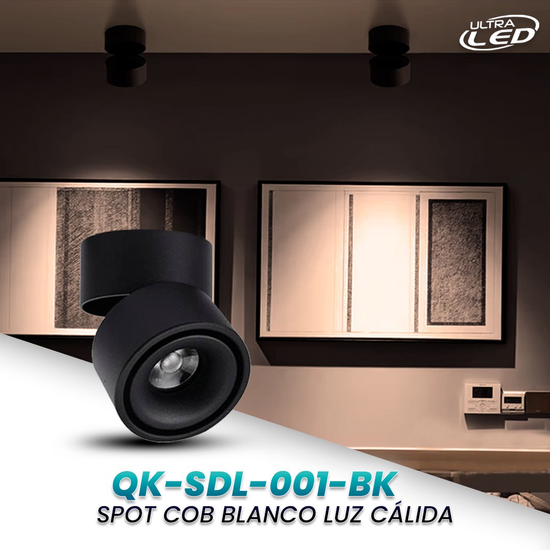 SPOT LED GIRATORIO 12W LUZ CALIDA (3000K) CARCASA NEGRA MODELO QK-SDL-001-BK
